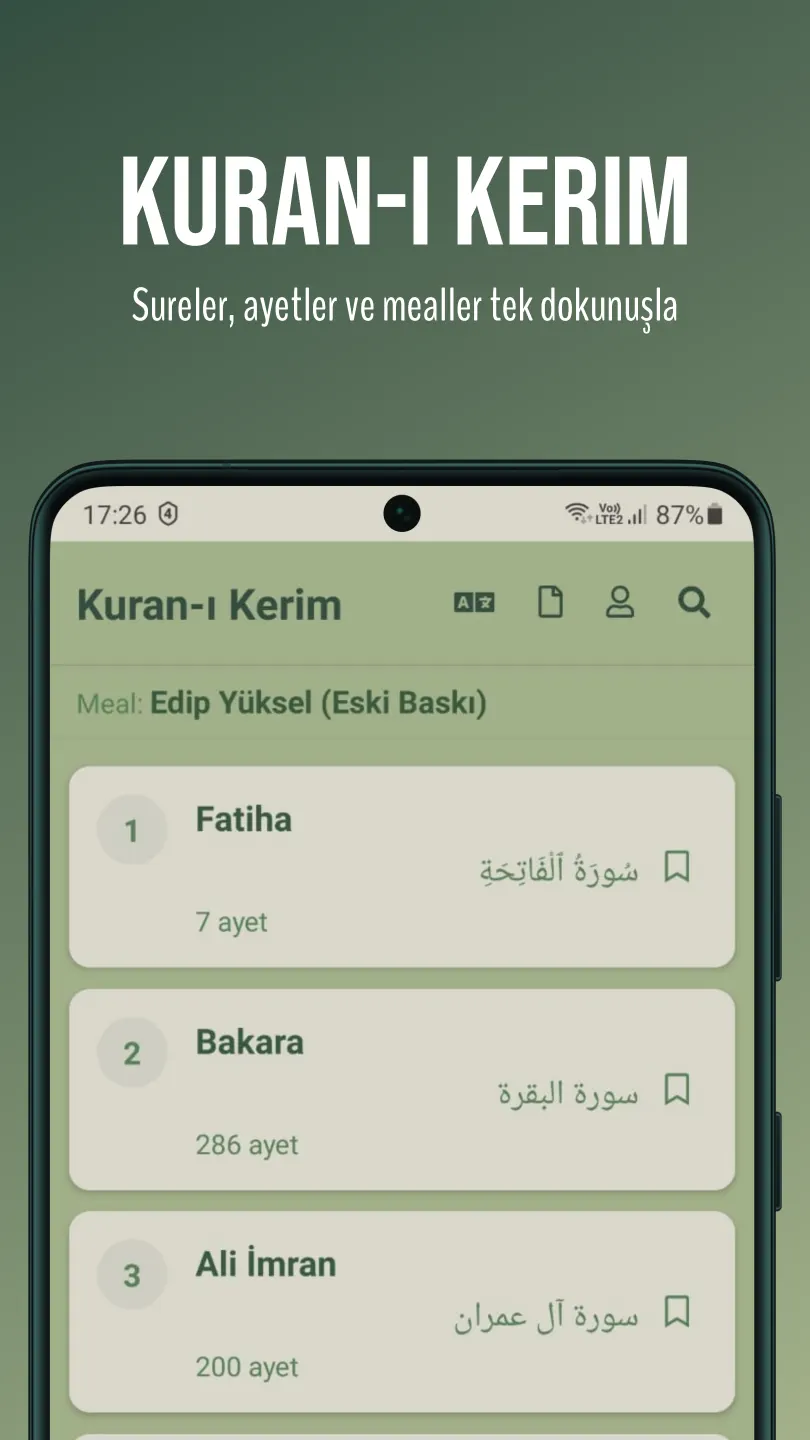 Feyz Kuran-ı Kerim ekranı: Fatiha, Bakara ve Ali İmran sureleri ayet sayılarıyla listeleniyor