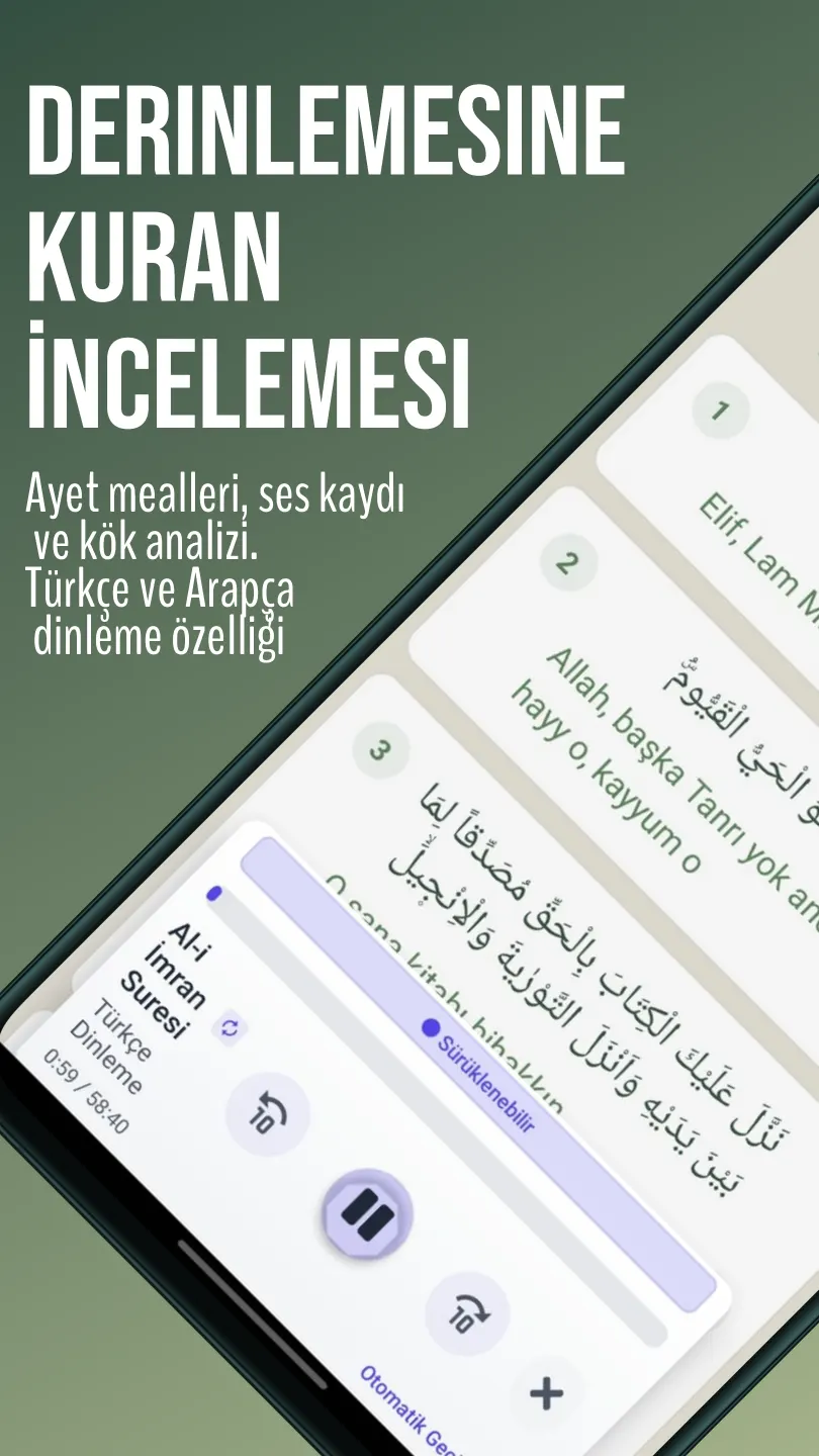 Feyz ayet dinleme ekranı: Al-i İmran suresinin Türkçe sesli okuması ve oynatma kontrolleri