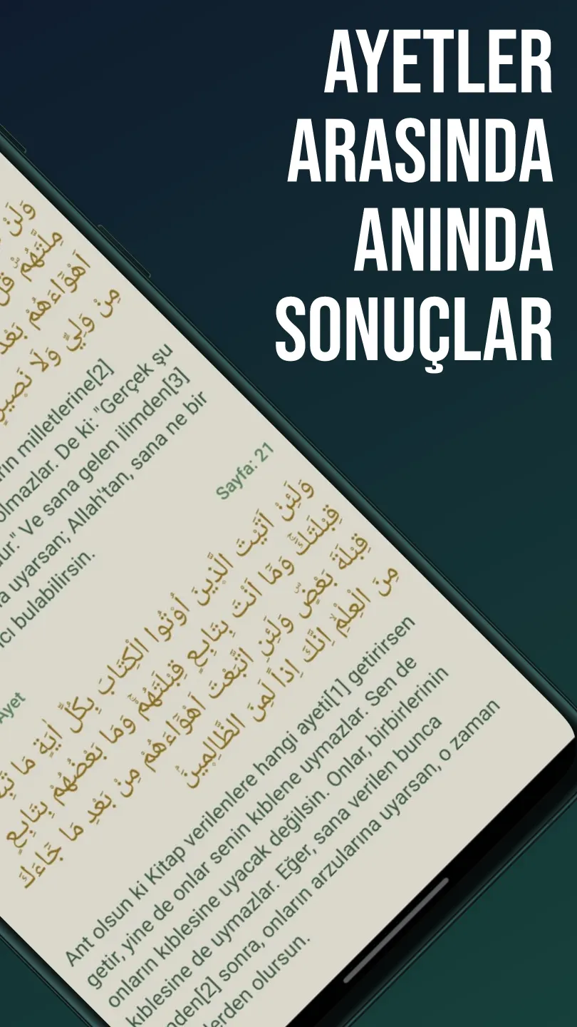 Feyz okuma ekranında arama sonucu ayetlerin Arapça metni ve Türkçe meali