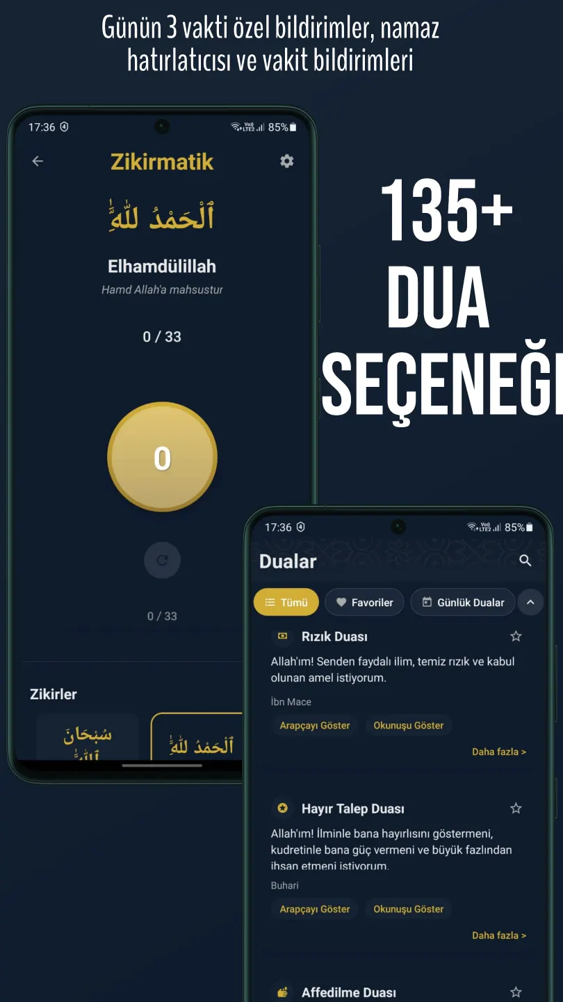 Feyz zikirmatik sayacı ve 135'ten fazla dua içeren dua listesi ekranı