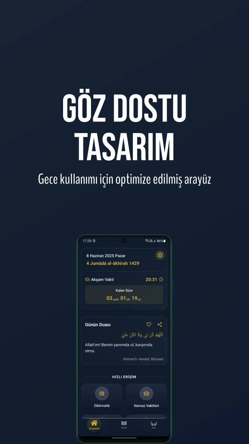 Feyz koyu tema anasayfası: akşam vakti geri sayımı, günün duası ve hızlı erişim kısayolları